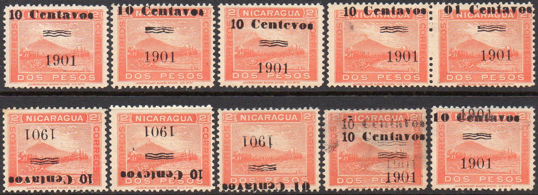 timbres-poste sellos postales stamps Nicaragua Momotombo Volcano & Train 1904 15 centavos surcharge 15c/10c